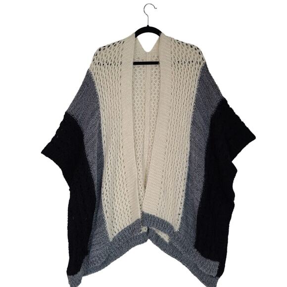 Saachi Kimono Cardigan Sz OS Black Gray Ivory Acrylic Open Front Boho Colorblock - Picture 1 of 9